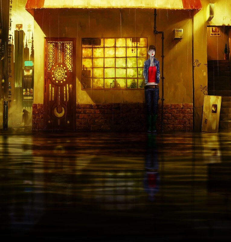 woman in rain at night