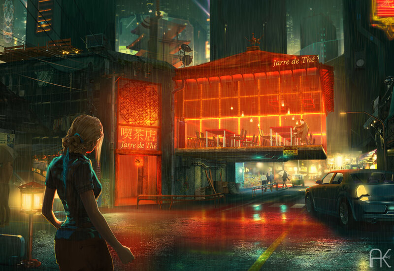 Woman in Rain at Night — Red