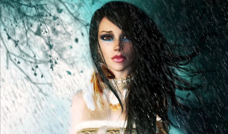 Woman in Rain — Black, Dramatic, Digital Art