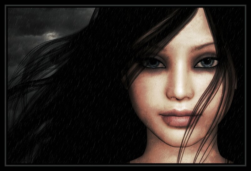 Woman in Rain — Black, Dramatic, Night, Digital Art