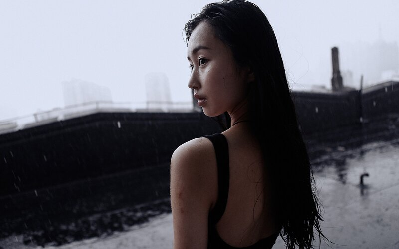 Woman in Rain — Black, Dramatic, Photograph, Cityscape