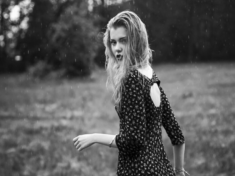 Woman in Rain — Black, Dramatic, Photograph, Dress, Trees