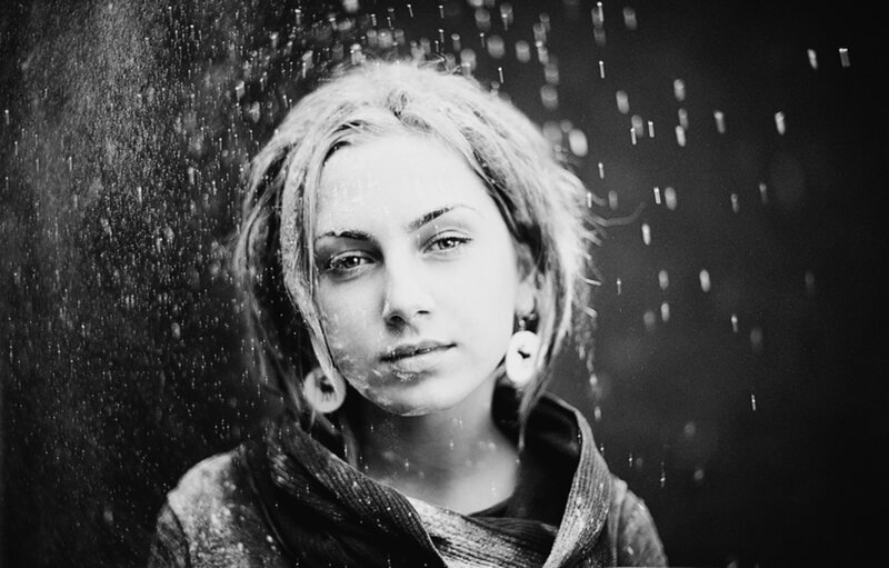 Woman in Rain — Black, Dramatic, Photograph, Earrings