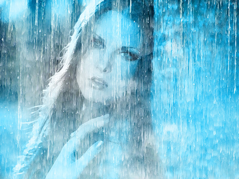 Woman in Rain — Blue, Dramatic, Digital Art