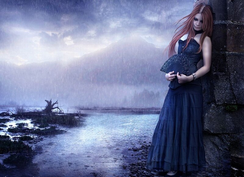 Woman in Rain — Blue, Dramatic, Night, Digital Art