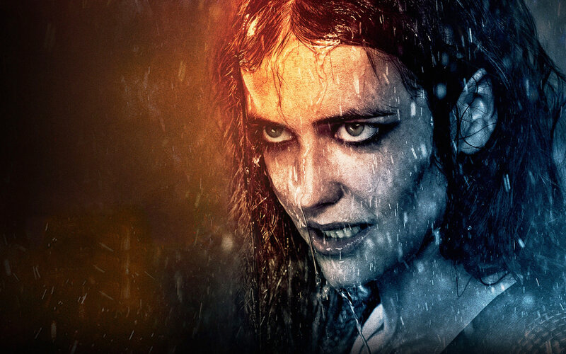 Woman in Rain — Blue, Dramatic, Photograph
