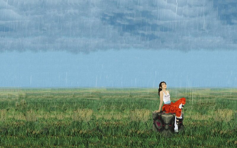 woman in rain on field
