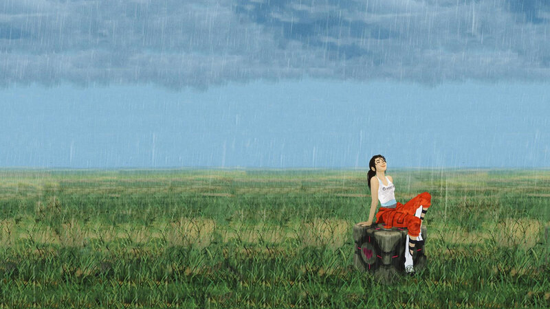 woman in rain on field