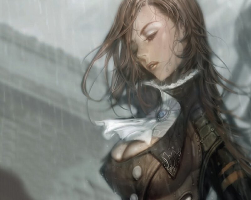 woman in rain with armor