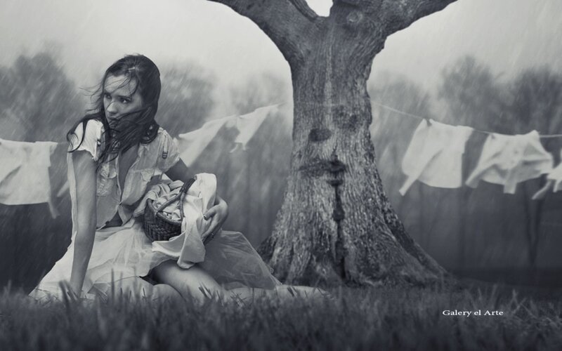 Woman in Rain with Basket