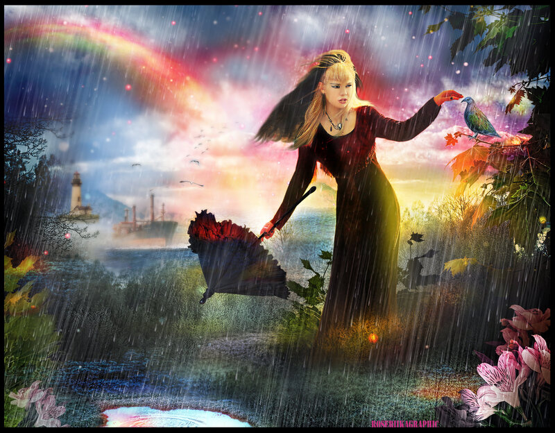 Woman in Rain with Bird