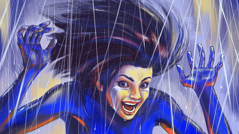 woman in rain with blue hands