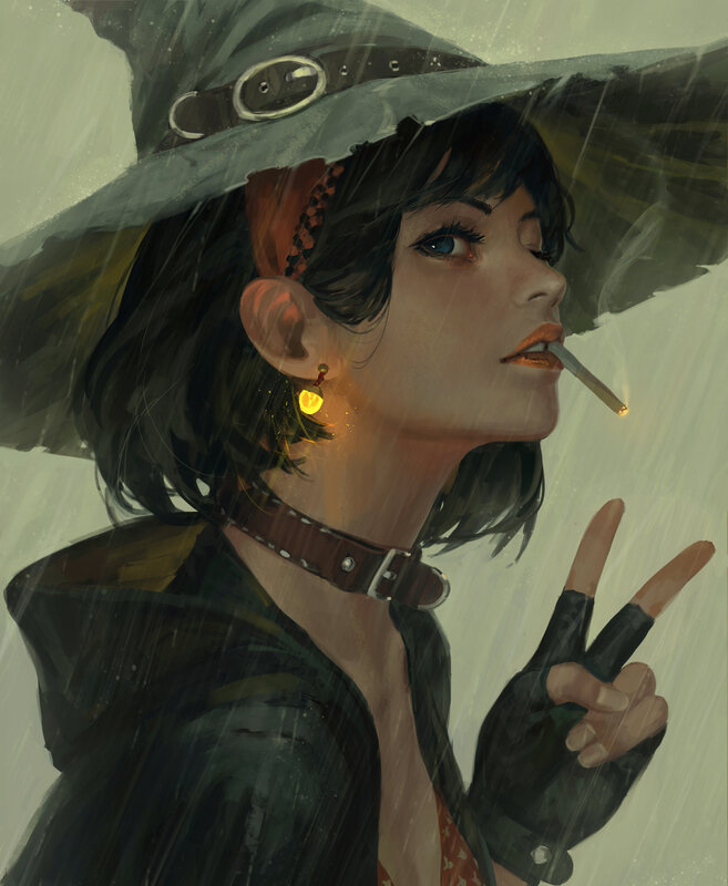 Woman in Rain with Cigarette — Gray
