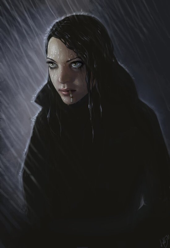 woman in rain with cigarette