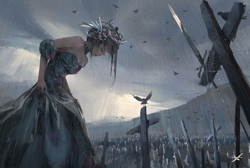 Woman in Rain with Crow — Gray