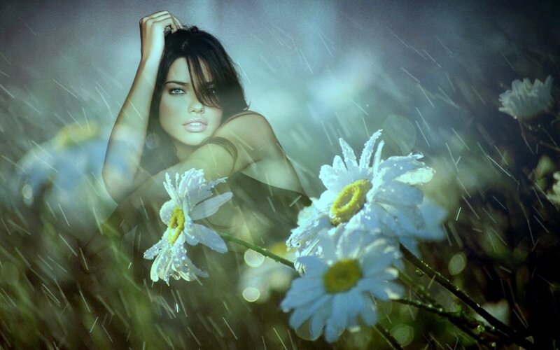 Woman in Rain with Daisies
