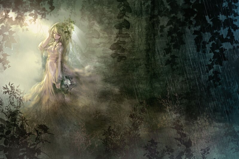 woman in rain with flowers