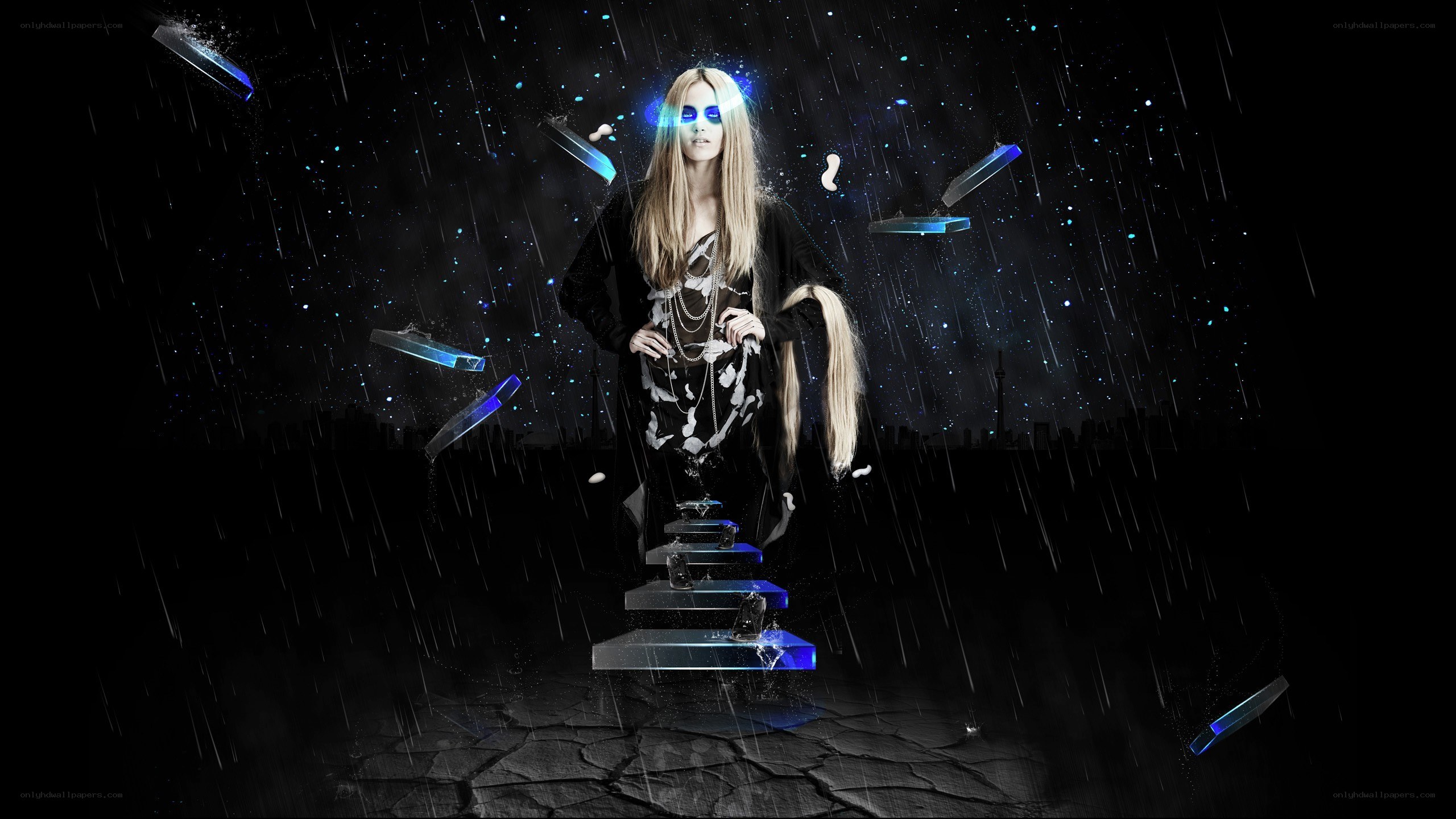 woman in rain with glowing objects
