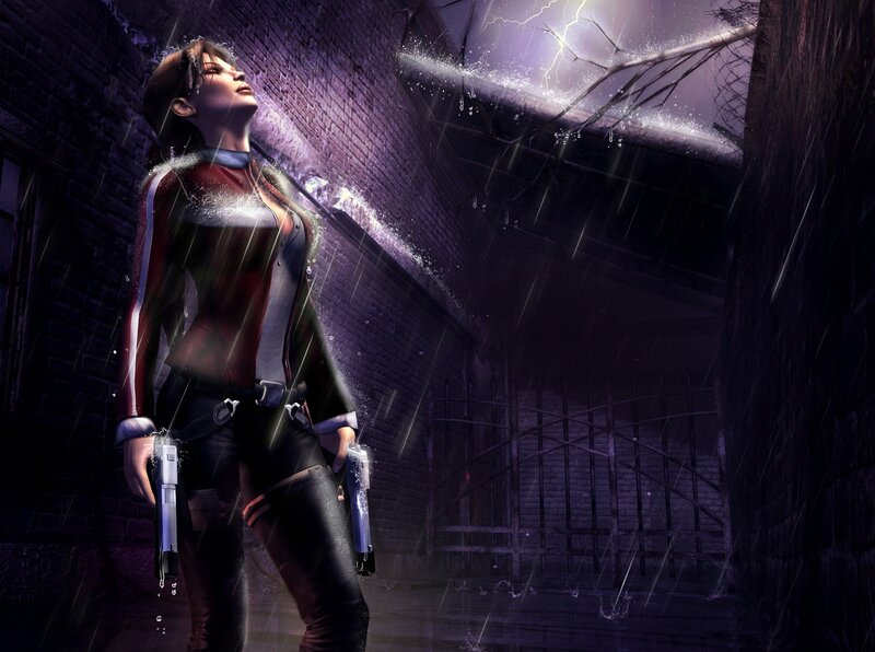 Woman in rain with guns
