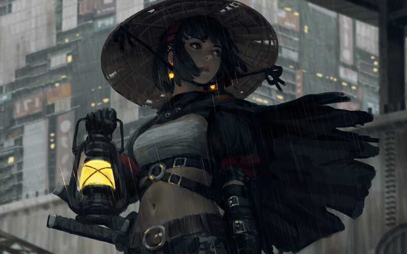 Woman in Rain with Lantern — Black