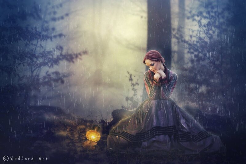 Woman in Rain with Lantern — Purple