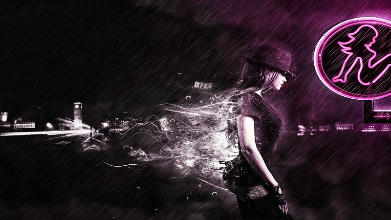 woman in rain with neon sign
