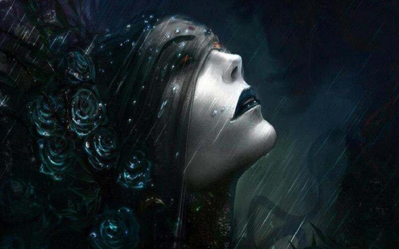 Woman in Rain with Roses — Black