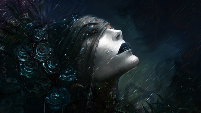 woman in rain with roses