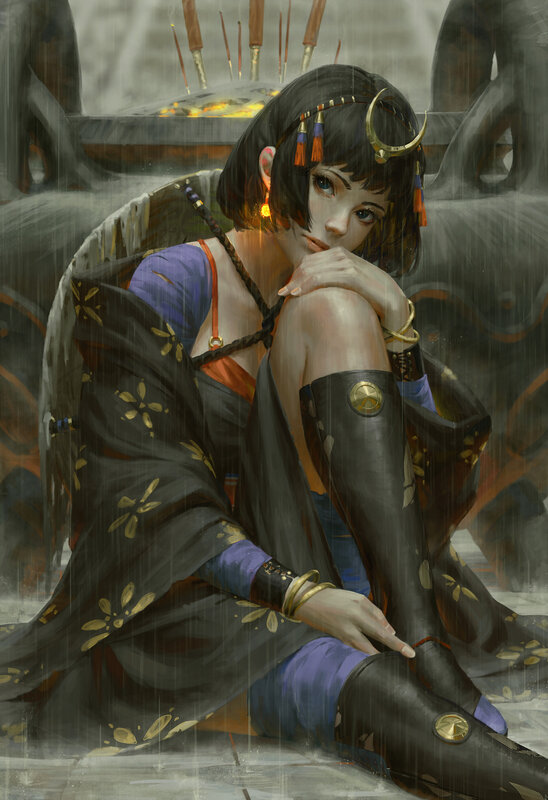 Woman in Rain with Shield