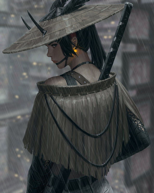 Woman in Rain with Sword — Gray, Dramatic, Night