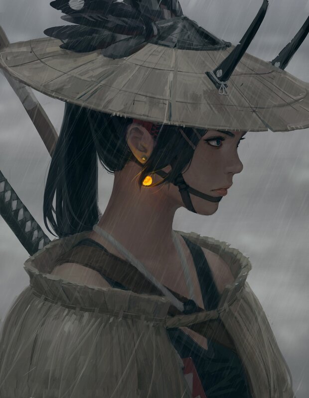 Woman in Rain with Sword — Gray, Dramatic