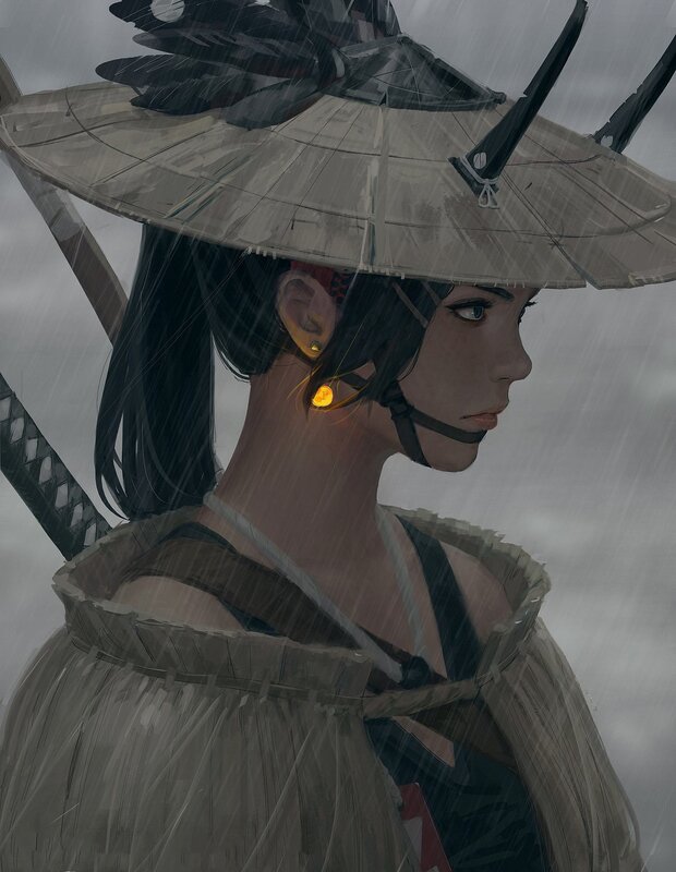 Woman in Rain with Sword — Gray