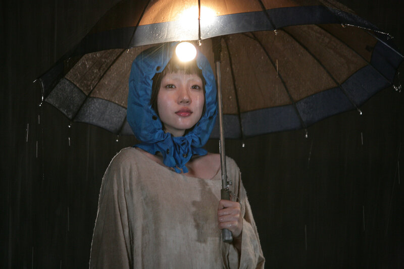 Woman in rain with umbrella