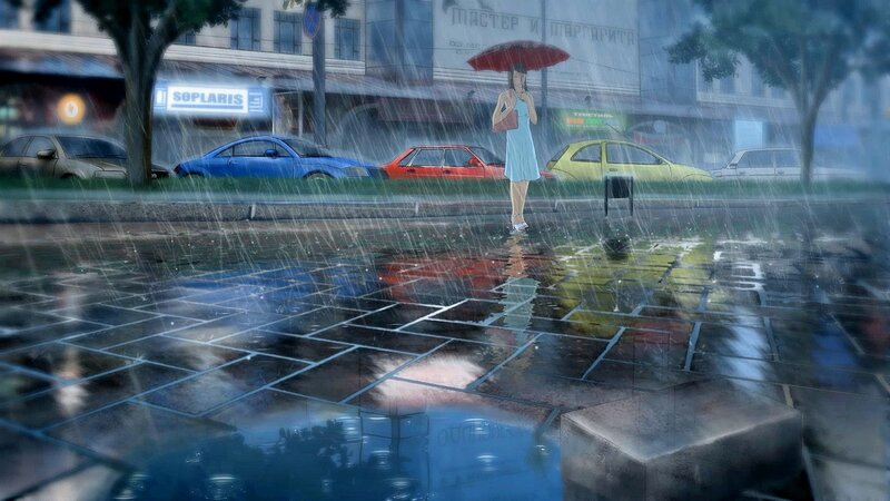 Woman in rain with umbrella