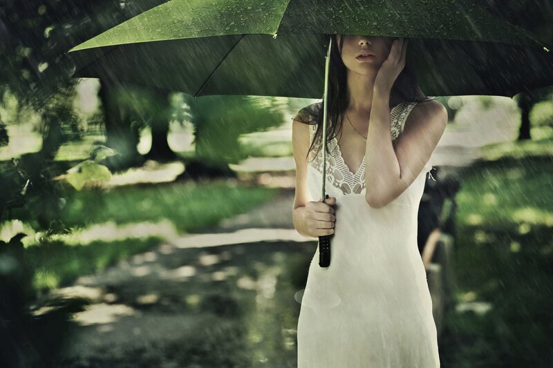 woman in rain with umbrella