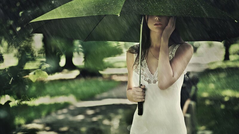 woman in rain with umbrella