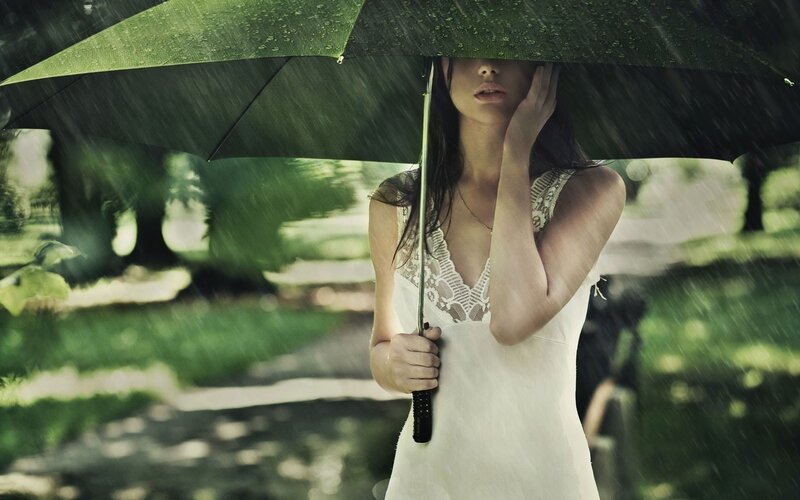 woman in rain with umbrella