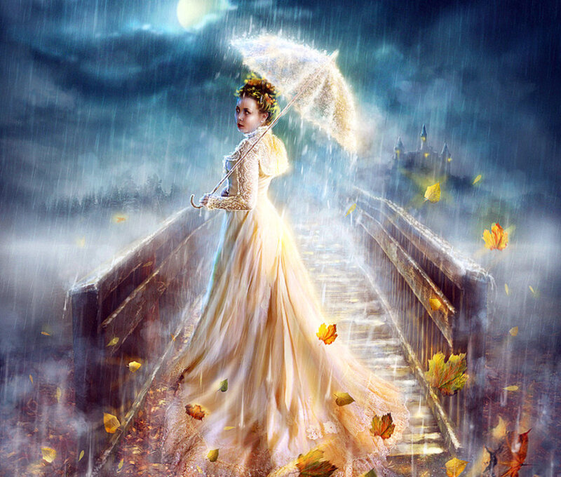Woman in rain with umbrella