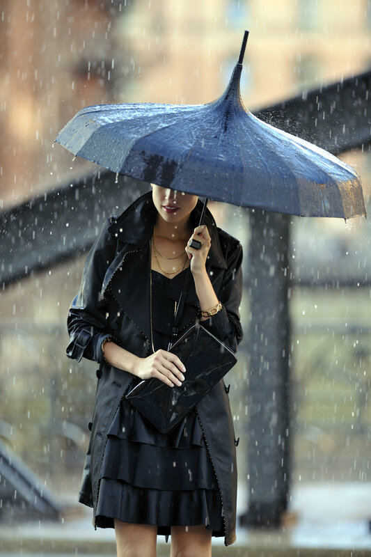 Woman in rain with umbrella