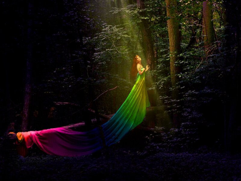 Woman in Rainbow Dress — Green, Dramatic, Night