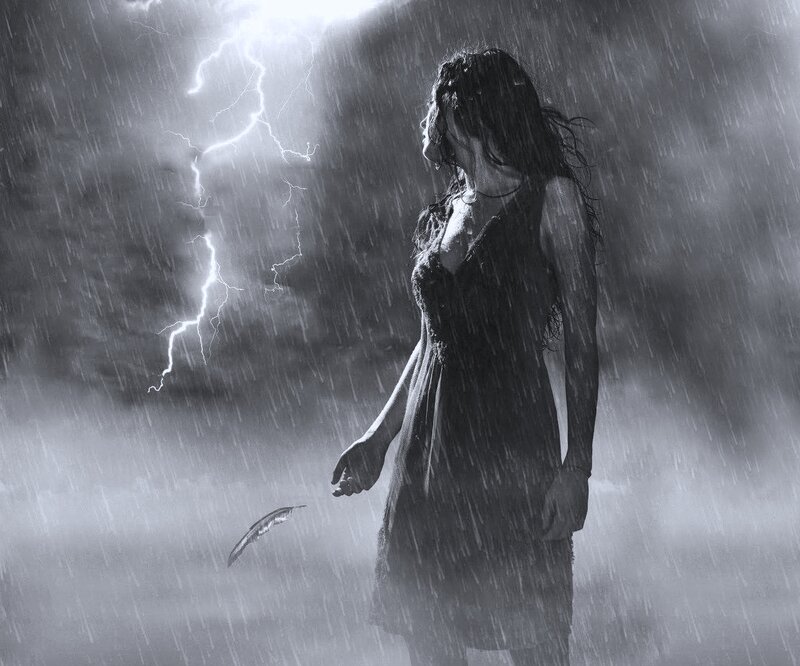 Woman in Rainstorm — Black, Dramatic, Night, Photograph
