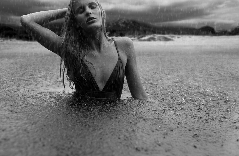 Woman in Rainstorm — Black, Dramatic, Photograph