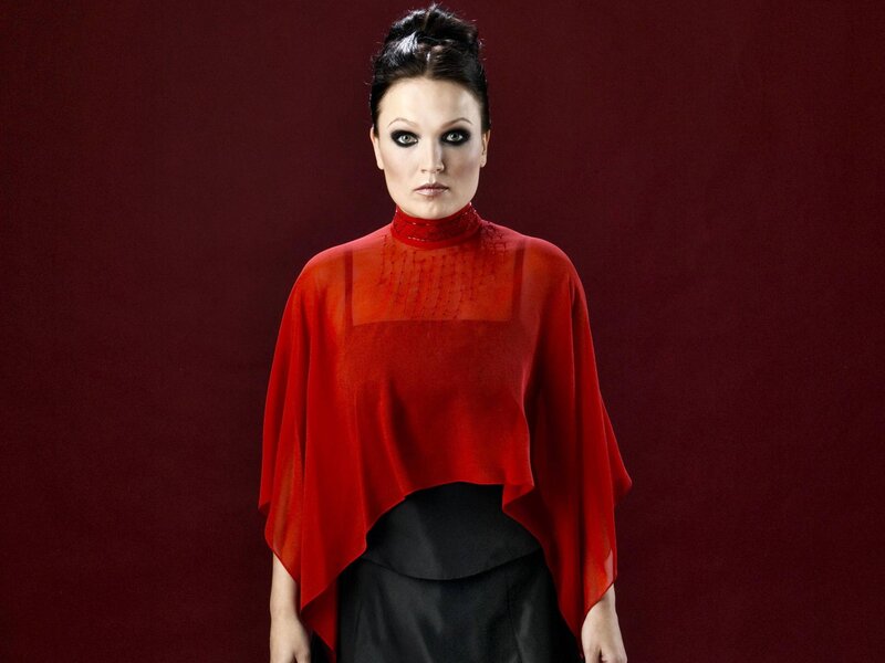 woman in red and black attire