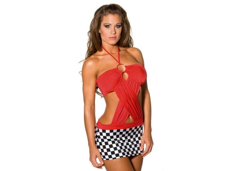 Woman in Red and Black Dress — Confident, Photograph, Checkered Pattern