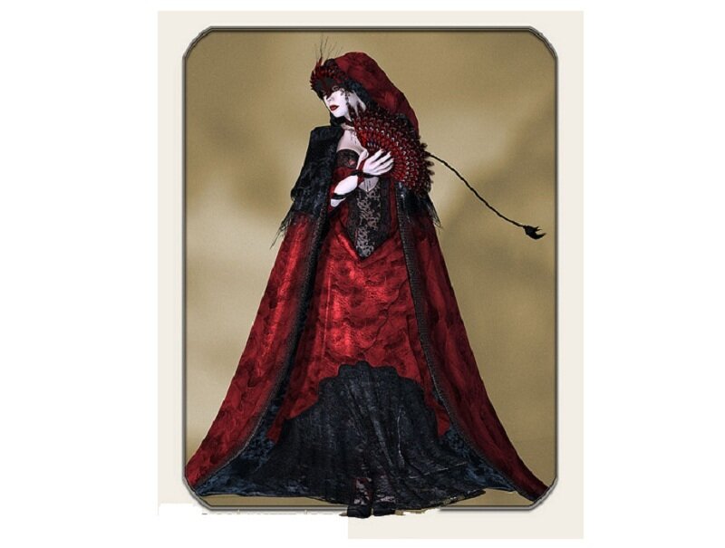 Woman in Red and Black Dress — Dramatic, Digital Art, Mask