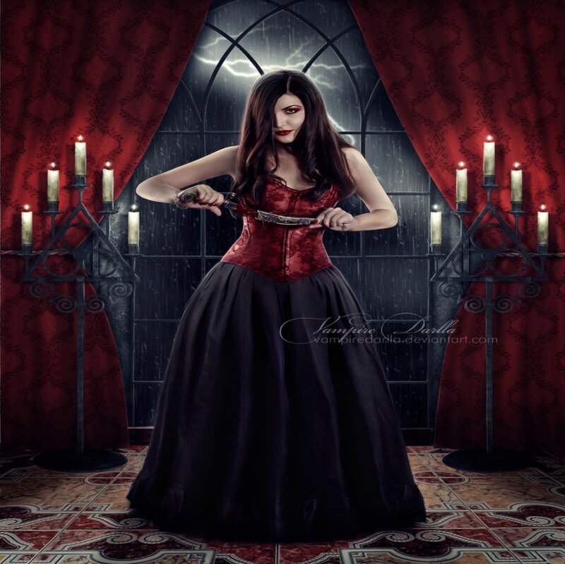 Woman in Red and Black Dress — Dramatic, Night, Digital Art, Candlesticks