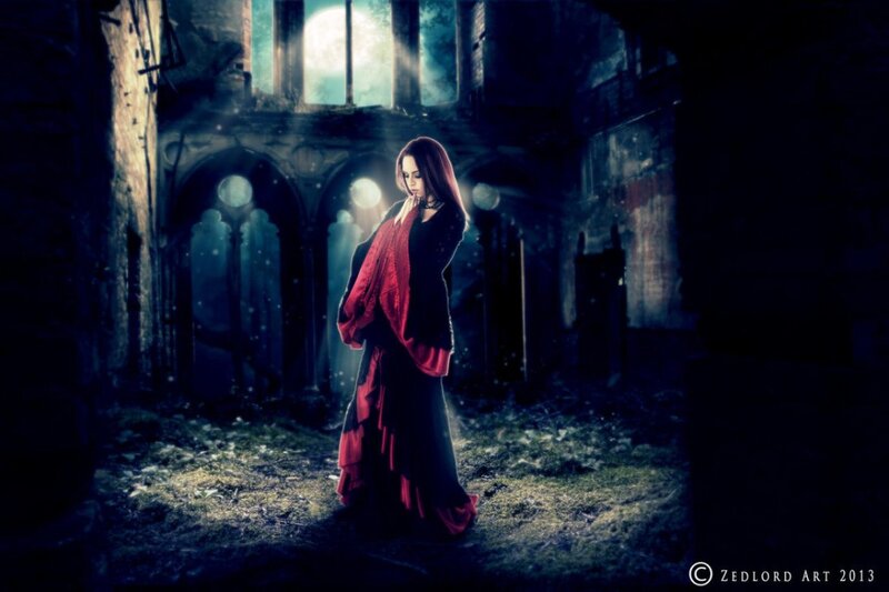 Woman in Red and Black Dress — Dramatic, Night, Digital Art, Ruins
