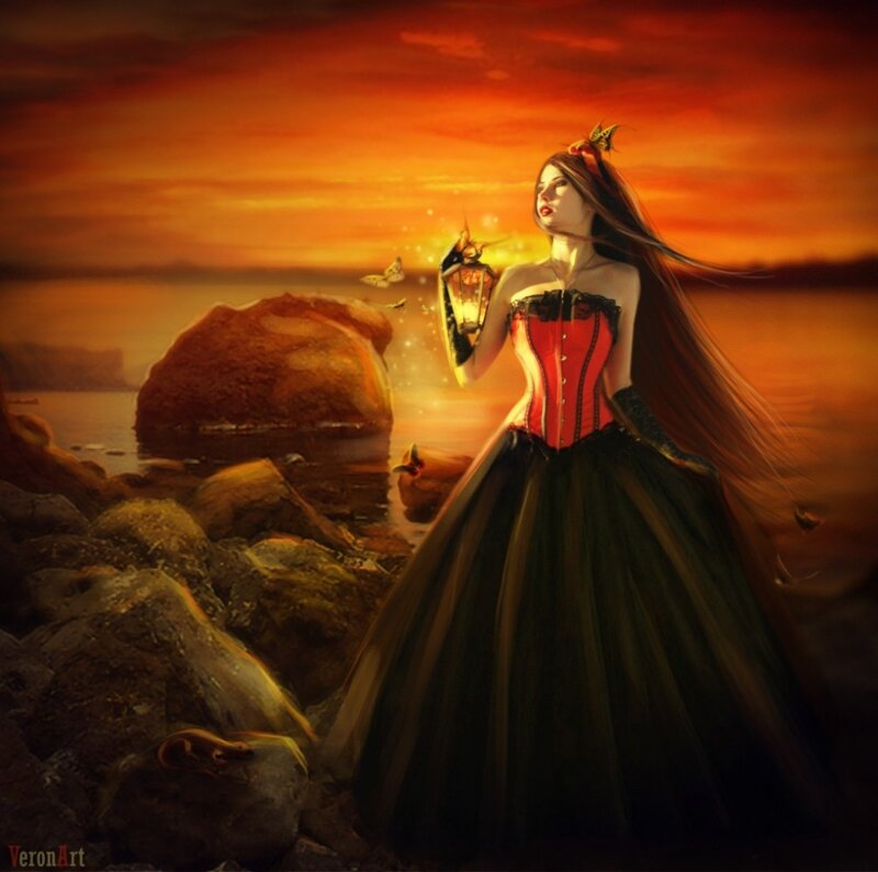 Woman in Red and Black Dress — Dramatic, Sunset, Digital Art
