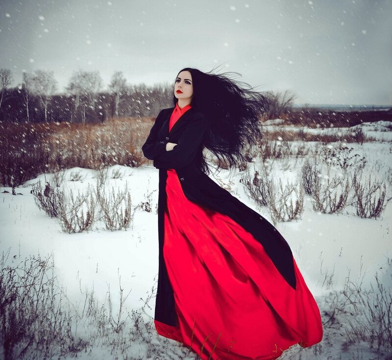 Woman in Red and Black Dress — Dramatic, Winter
