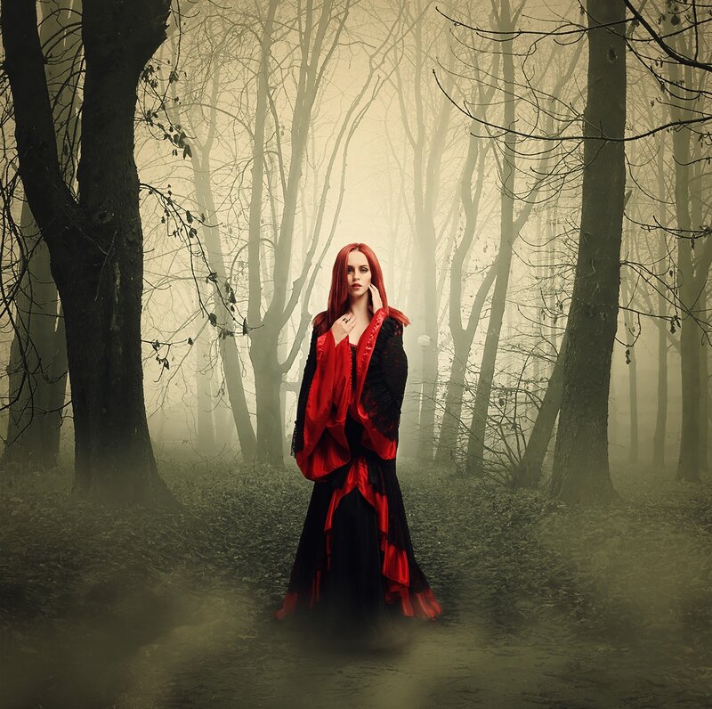 Woman in Red and Black Dress — Mysterious